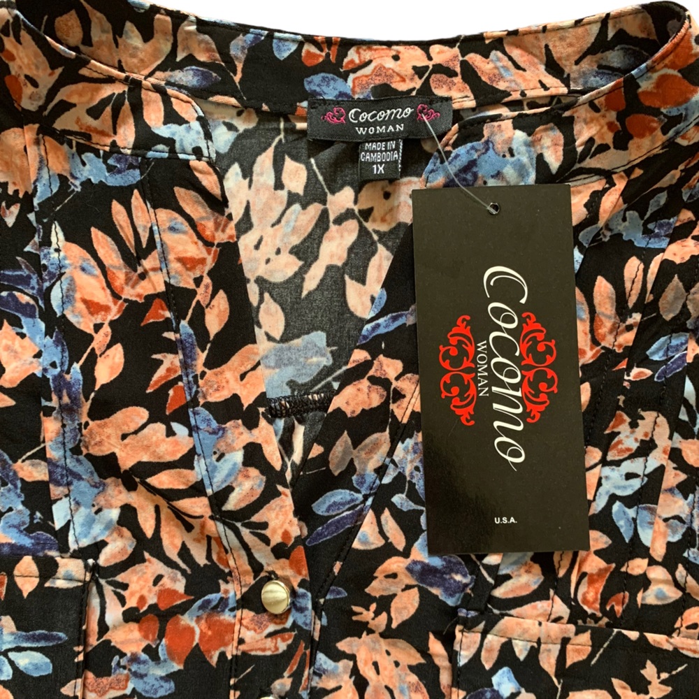 COCOMO 1X Plus Size Blue orange floral 3/4 sleeve women's Pintuck Blouse tunic - Picture 9 of 13